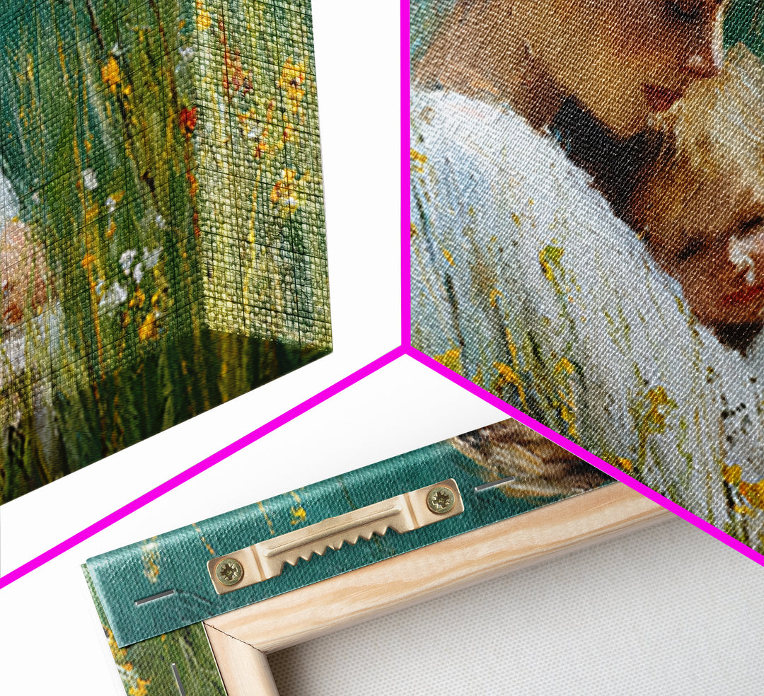 Tender Mother And Child Portrait In Green Meadow Wall Art, Impressionist Oil Painting, Feminine Nursery Decor, Gift For Mom