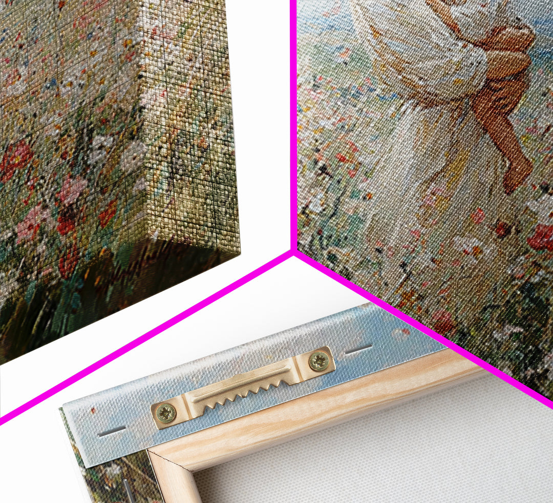 Standing Mother With Toddler In Flower Meadow Framed Canvas Print, Impressionist Landscape Painting, Nursery Wall Art, Gift For Mom