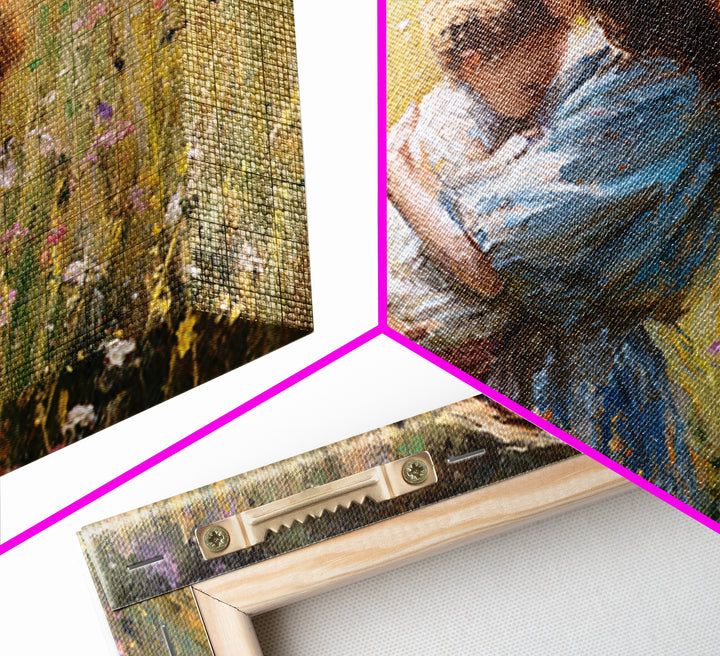 Long Haired Mother Cradling Baby In Wildflower Field Canvas Print, Impressionist Oil Painting, Feminine Wall Decor, Gift For Her