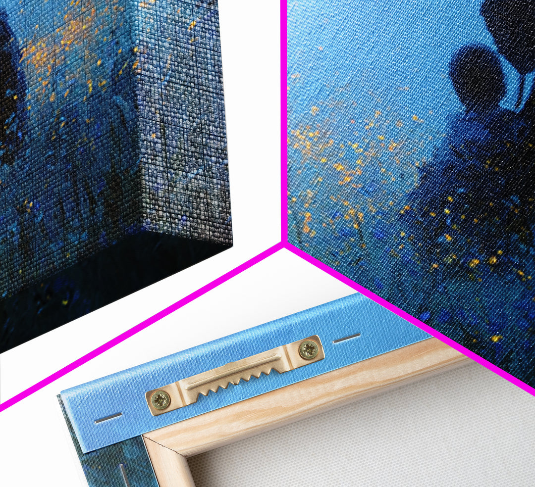 Mother And Baby In Blue Firefly Meadow Wall Art, Moody Nursery Canvas Print, Peaceful Bedroom Decor, Gift For Mom, Newborn Gift
