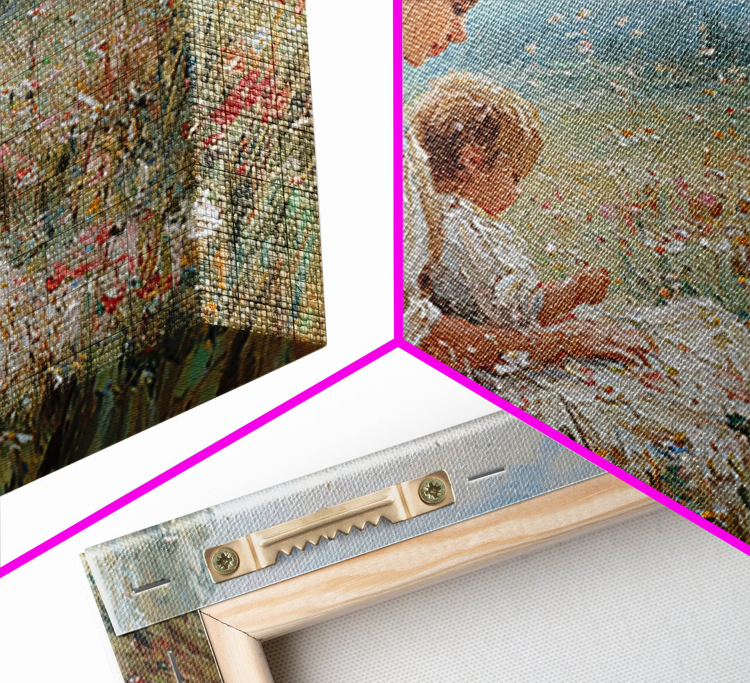 Seated Mother And Child In Sunlit Meadow Wall Art, Impressionist Floral Canvas, Nursery Decor, Housewarming Gift, Living Room Decor