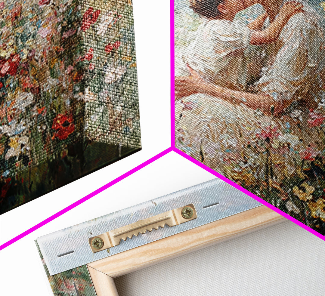 Mother Kissing Child In Romantic Wildflower Field Framed Canvas Print, Floral Wall Art, Feminine Decor, Gift For Her, Nursery Wall Art