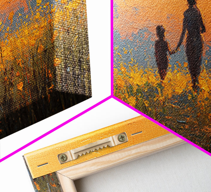 Sunset Silhouette Mother And Child In Yellow Field Wall Art, Warm Landscape Print, Nursery Decor, Above Bed Art, Gift For Her