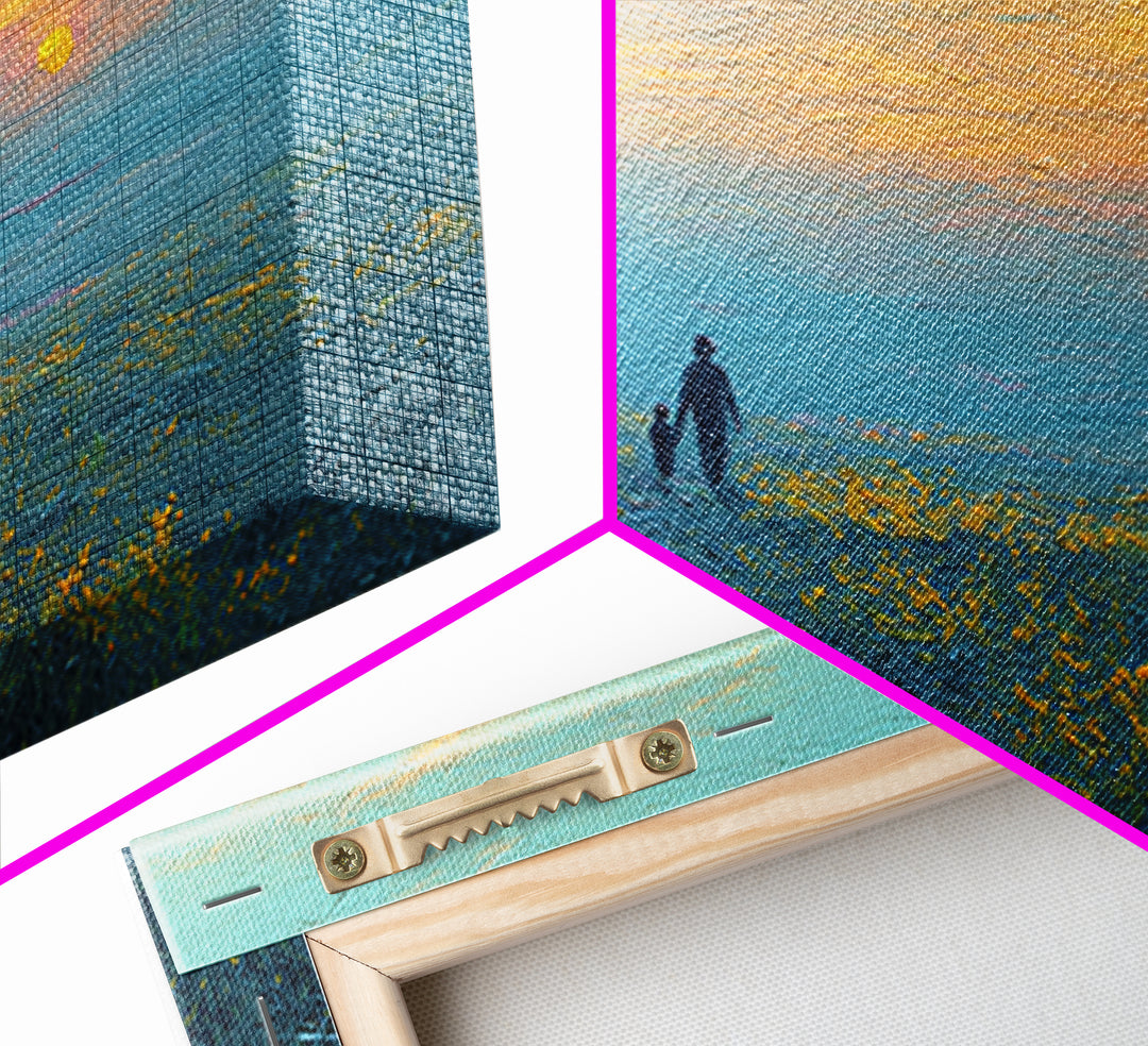 Parent And Child Sunset Path Canvas Print, Blue Yellow Wildflower Meadow Landscape, Calming Wall Art, Gift For Mom, Living Room Decor