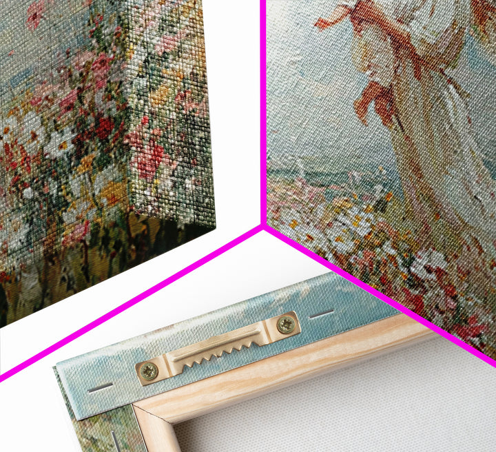 Guardian Angel Holding Child Framed Canvas Print, Heavenly Wildflower Meadow Painting, Christian Wall Art, Nursery Decor Gift