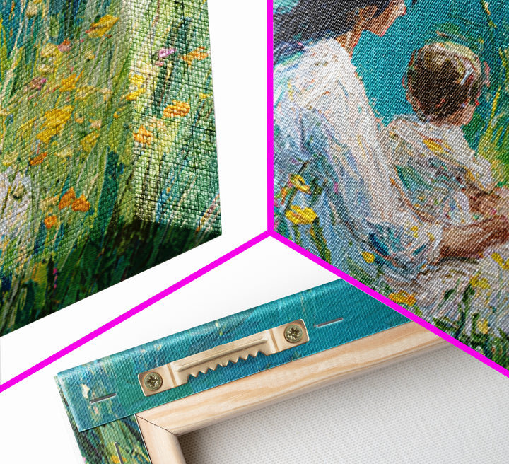 Mother Holding Baby In Teal Wildflower Garden Canvas Print, Impressionist Floral Wall Decor, Nursery Art, Living Room Art, Gift For Mom