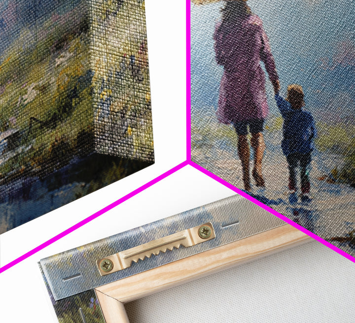 Mother And Child With Yellow Umbrella Rainy Path Canvas Print, Impressionist Landscape Art, Cozy Nursery And Bedroom Decor