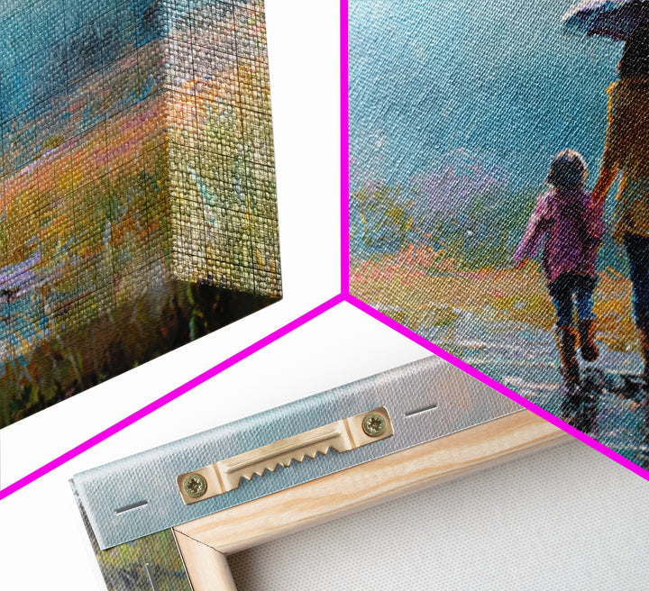 Mother And Child Walking With Umbrella Meadow Wall Art, Misty Mountain Landscape Print, Peaceful Nature Decor, Gift For Mom