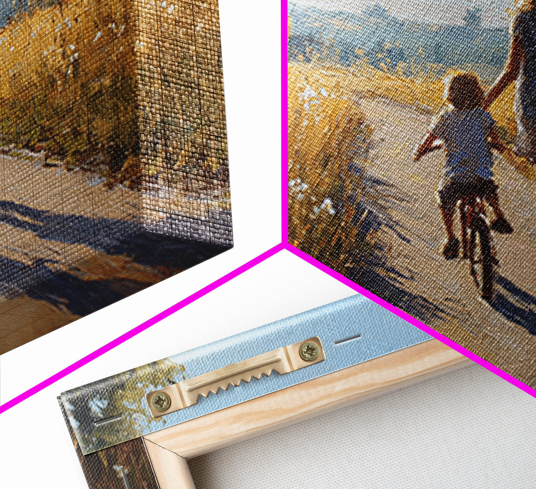 Mother And Child Bike Ride Through Wheat Fields Framed Canvas Print, Summer Landscape Wall Art, Gift For Mom, Home Decor