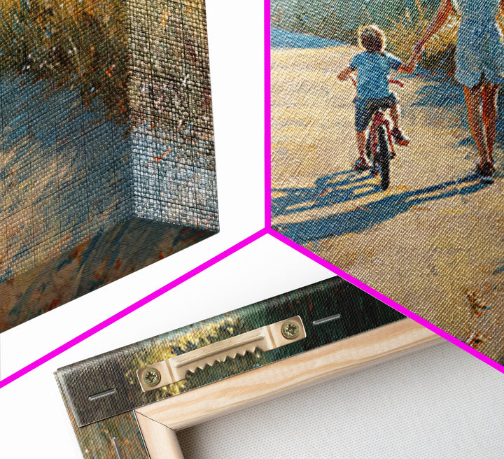 Mother Walking With Child On Bicycle Canvas Print, Golden Meadow Path Wall Art, Rustic Country Decor, Gift For Mom, Home Decor