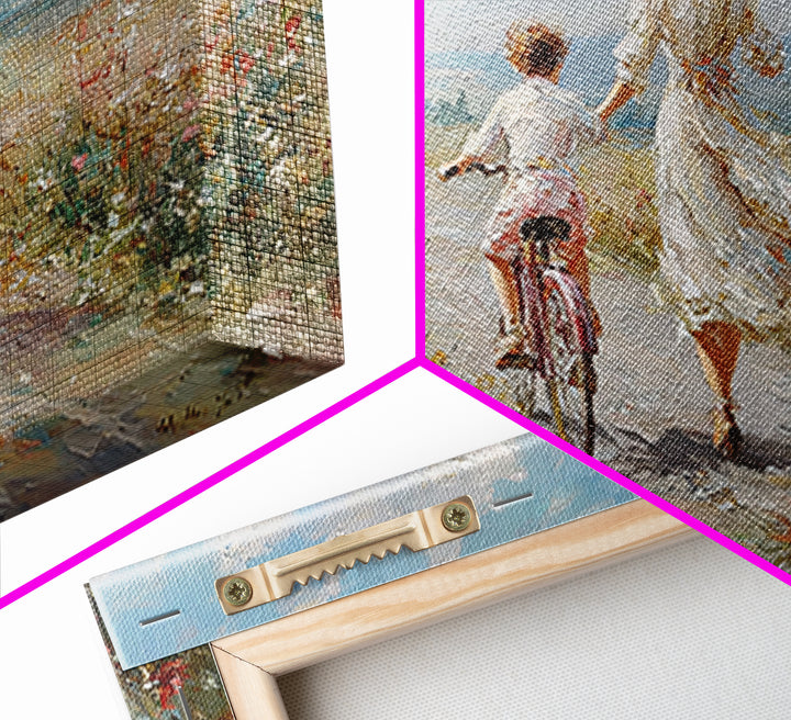 Mother Walking Beside Child On Bicycle Canvas Print, Impressionist Meadow Landscape, Coastal Wall Decor, Gift For Her, Fine Art