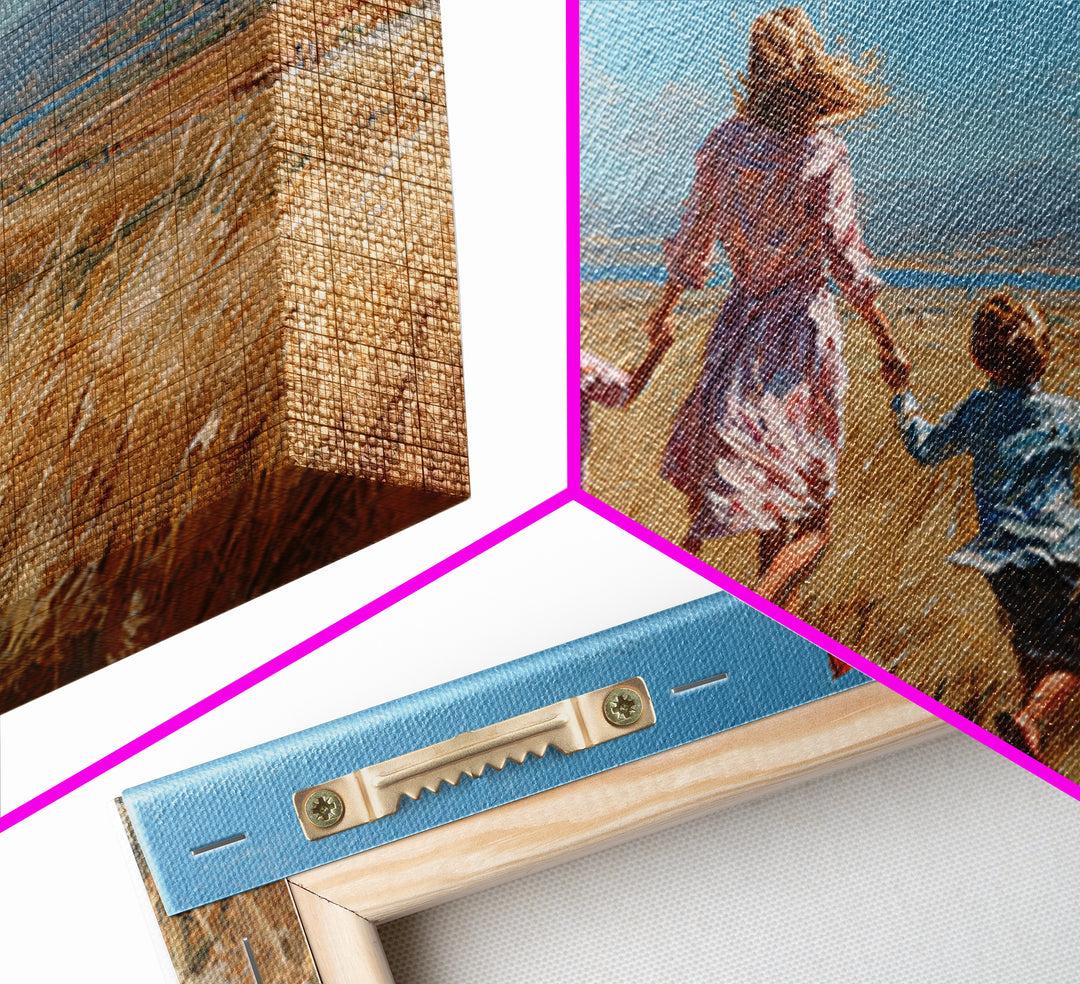 Mother And Children Running With Kite Through Golden Field Canvas Print, Impressionist Landscape, Family Gift, Farmhouse Decor