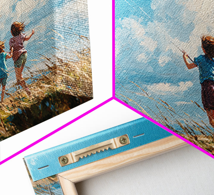 Three Children Running With Rainbow Kite Canvas Print, Breezy Coastal Field Wall Art, Kids Room Decor, Nursery Art, Gift For Her