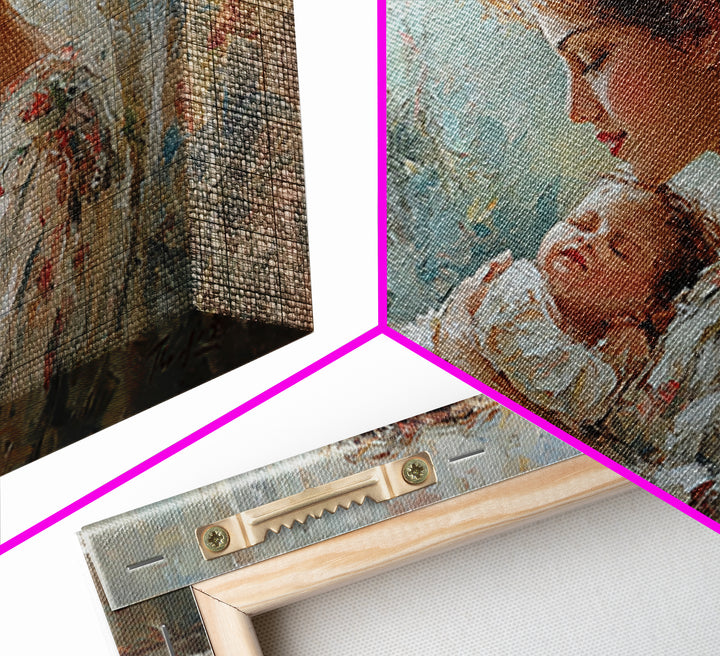 Mother Cradling Sleeping Newborn By Garden Window Framed Canvas Print, Feminine Wall Art, Baby Nursery Decor, Gift For Mom