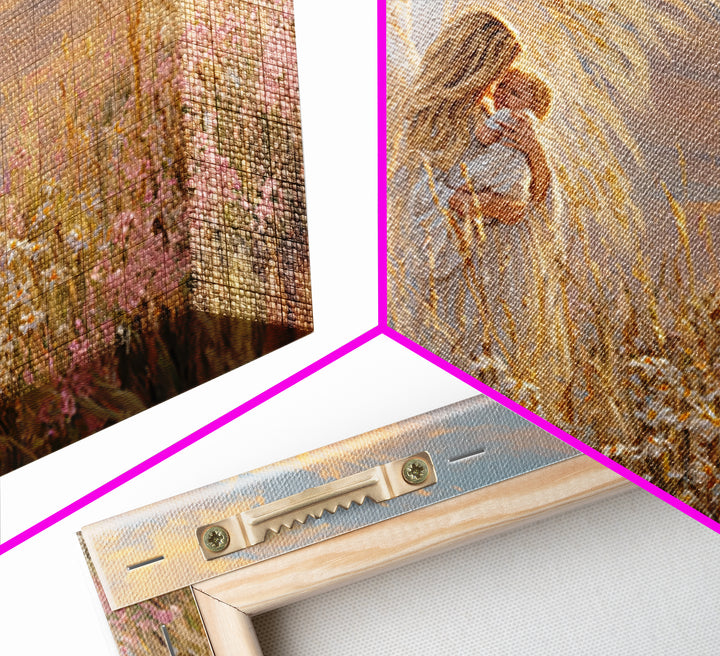 Golden Winged Angel With Baby At Sunset Framed Canvas Print, Christian Wall Art, Nursery Decor, Spiritual Gift For Mother