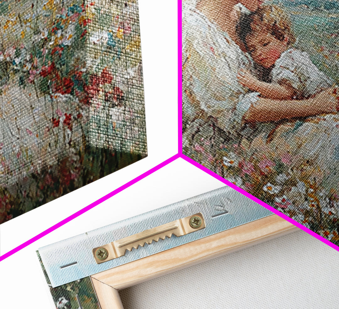 Seated Mother And Child Among Daisies Framed Canvas Print, Impressionist Wall Art, Floral Nursery Decor, Gift For New Mom