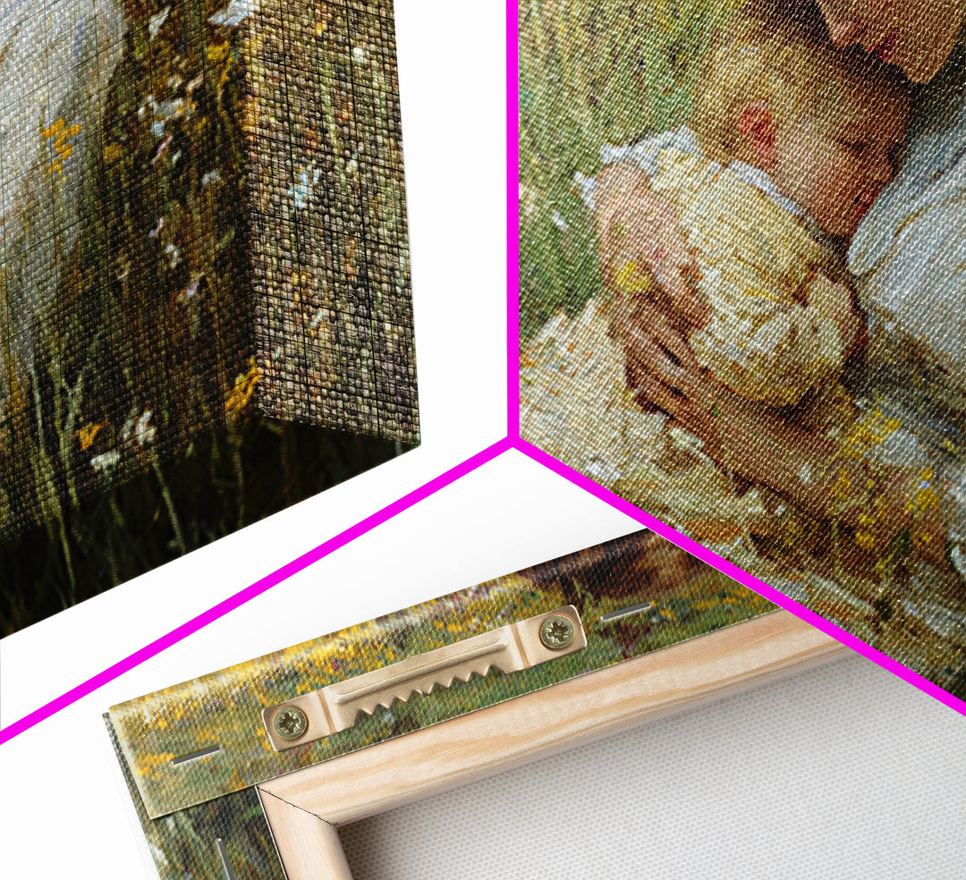 Mother And Sleeping Child In Yellow Wildflowers Canvas Print, Impressionist Wall Art, Floral Nursery Decor, Gift For Mom