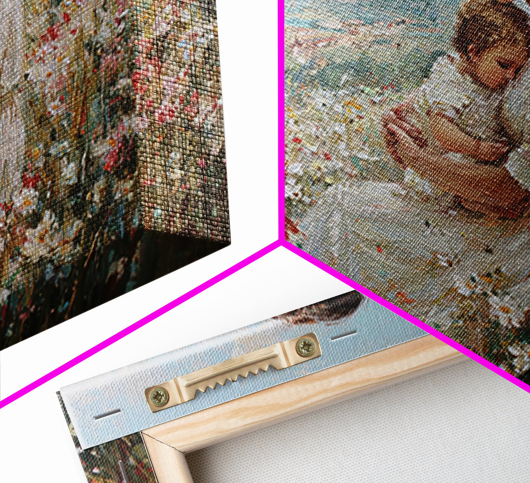 Seated Mother And Baby In Hilltop Wildflowers Canvas Print, Impressionist Landscape Art, Nursery Decor, Motherhood Gift For Her
