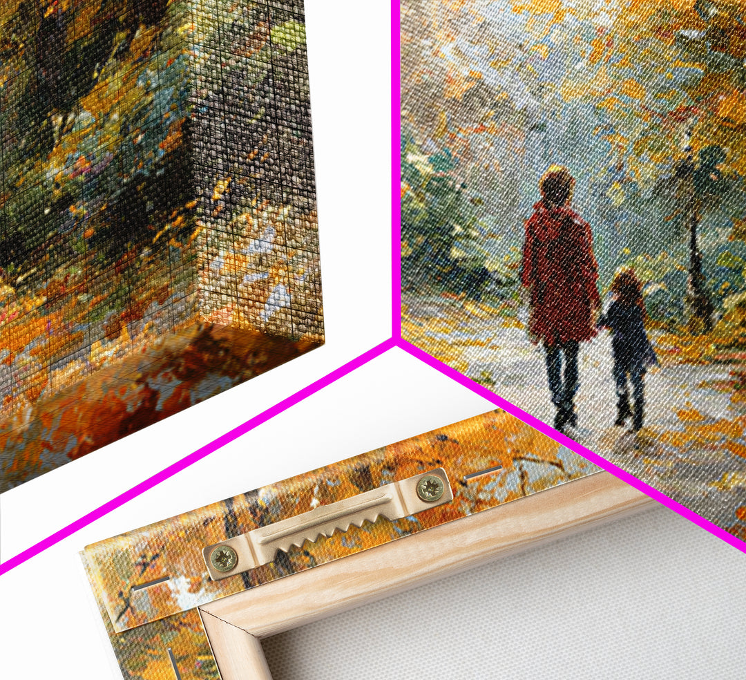 Mother And Child In Golden Autumn Park Framed Canvas Print, Impressionist Fall Landscape Wall Art, Cozy Living Room Decor