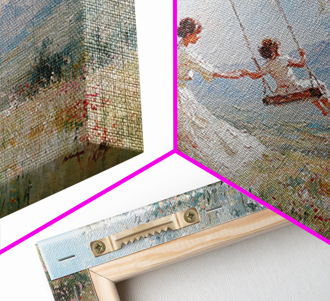Mother Pushing Child On Meadow Swing Wall Art, Mountain Landscape Oil Painting Print, Whimsical Nursery Decor, Gift For Mom