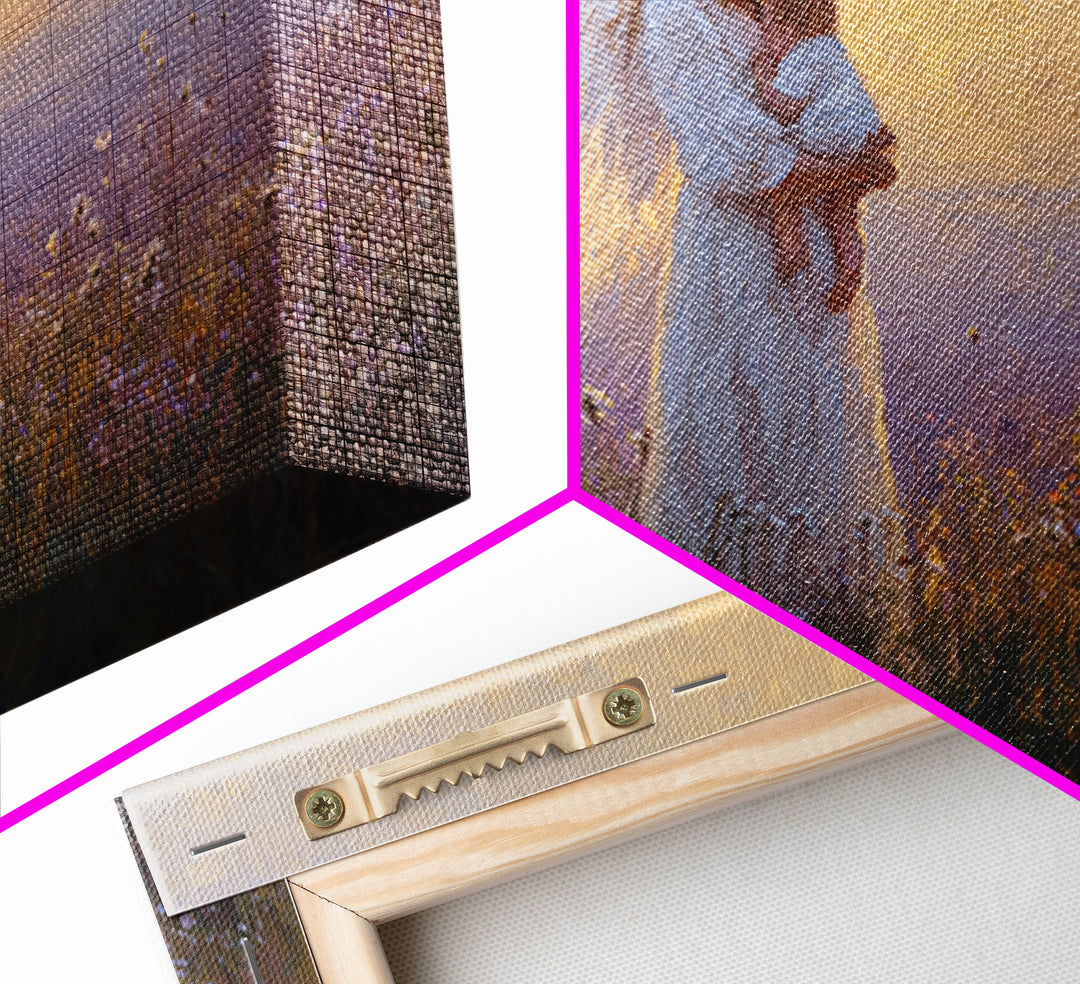 Guardian Angel Holding Baby Framed Canvas Print, Golden Meadow Oil Painting, Spiritual Nursery Decor, Christian Gift For Mom