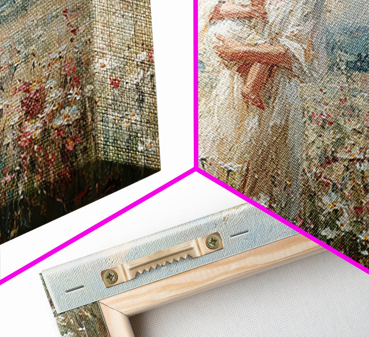 Angel Mother Kissing Baby Canvas Print, Bright Wildflower Meadow Painting, Spiritual Wall Decor, Nursery Art Gift For Mom