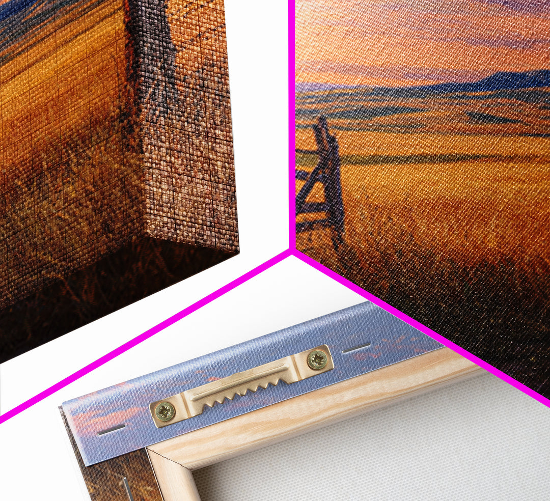 Golden Field Country Landscape Oil Painting Wall Art, Rustic Farm Sunset Hillside Canvas Print Home Decor