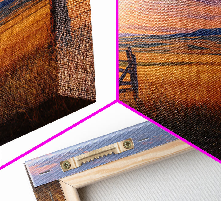 Golden Field Country Landscape Oil Painting Wall Art, Rustic Farm Sunset Hillside Canvas Print Home Decor