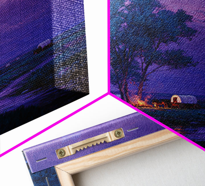 Purple Prairie Campfire Wagons Wall Art, Western Night Landscape Painting, Cozy Cabin Country Decor, Canvas Print