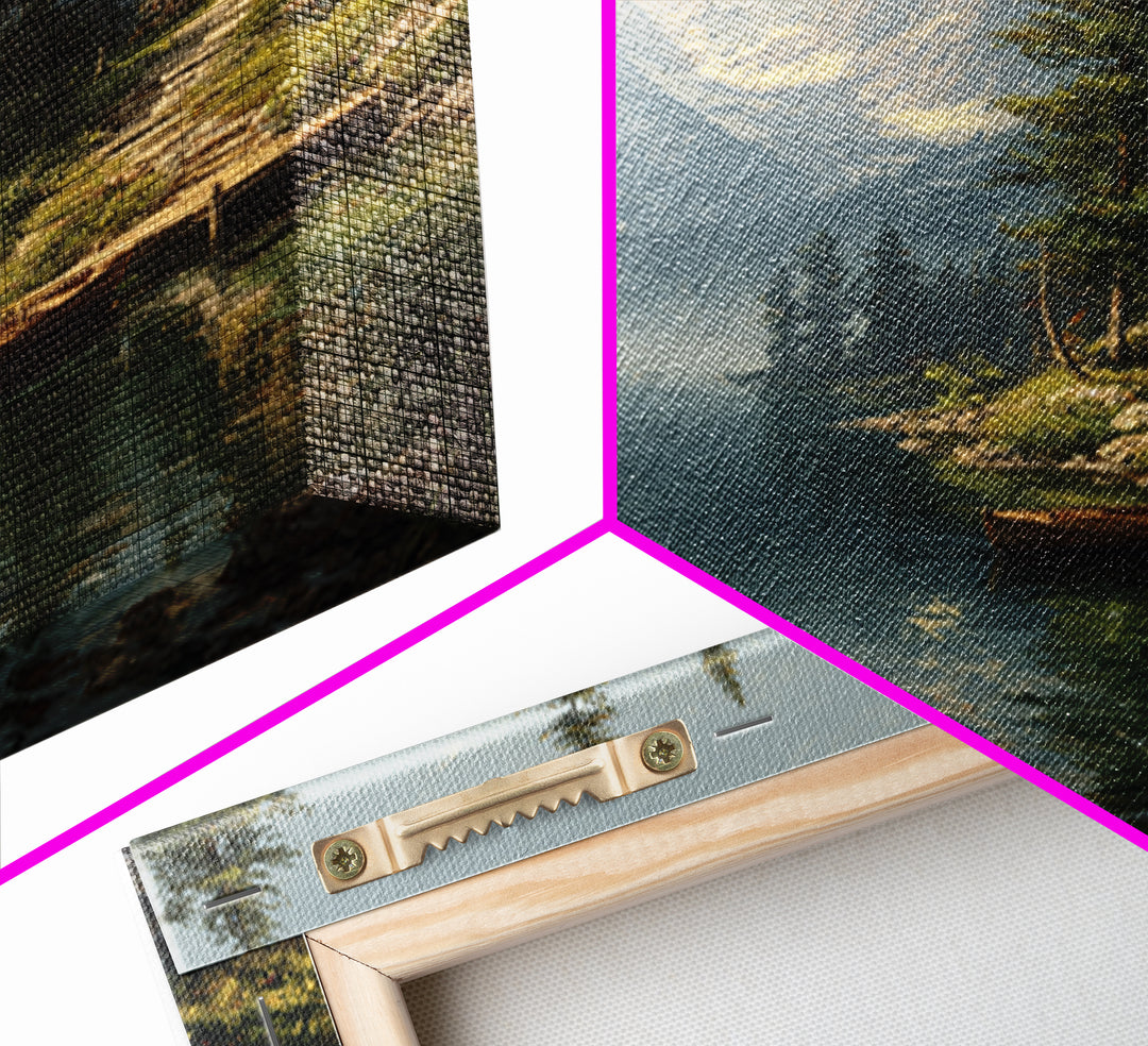 Mountain Lake Cabin Landscape Wall Art Canvas Print, Rustic Country Home Decor, Large Landscape Art, Living Room Wall Decor