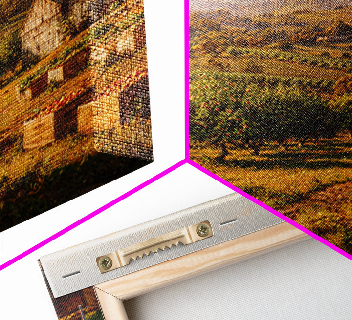 Golden Orchard Valley Landscape Painting Wall Art, Rustic Farm Harvest Print, Country Kitchen And Dining Room Decor