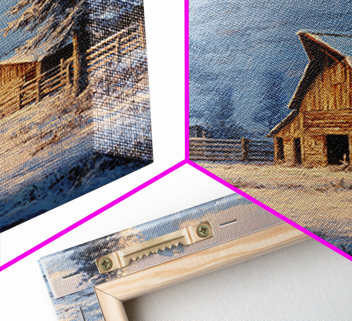 Snowy Mountain Barn Winter Wall Art, Rustic Farm Landscape Canvas Print, Cozy Cabin Decor, Country Farmhouse Living Room Wall Decor