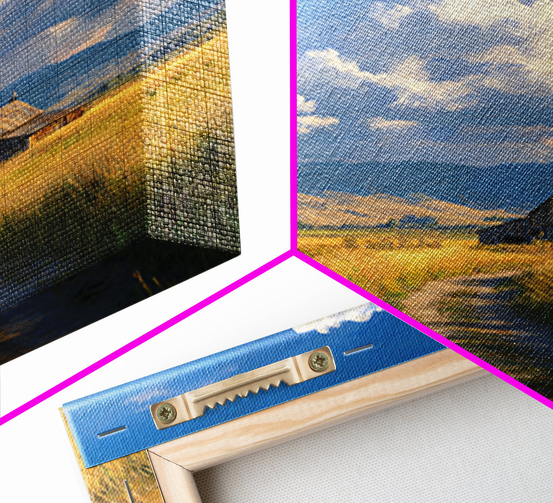Golden Field Barn Country Landscape Wall Art, Blue Sky Farmhouse Canvas Print, Rustic Country Home Decor For Kitchen Or Living Room