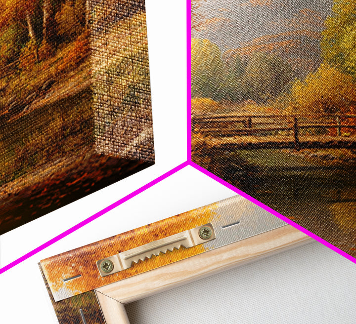 Autumn Forest Bridge Landscape Wall Art, Rustic Country Stream Canvas Print, Cozy Fall Home Decor, Living Room Wall Art