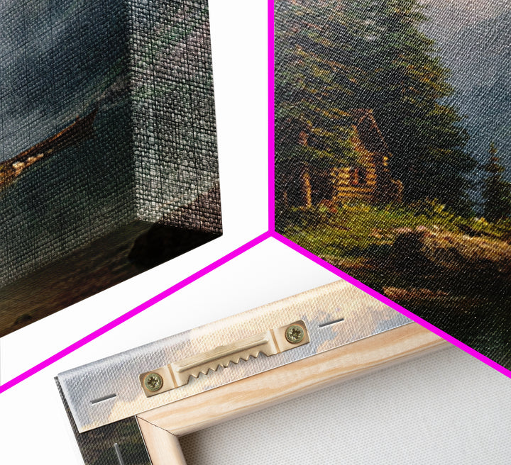 Mountain Cabin Lake Sunset Landscape Wall Art Rustic Nature Painting Home Decor Living Room Decor Canvas Print