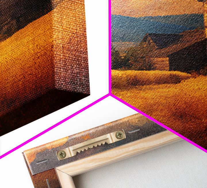 Rustic Barn In Golden Field Landscape Wall Art, Country Sunset Canvas Print, Farmhouse Home Decor Artwork