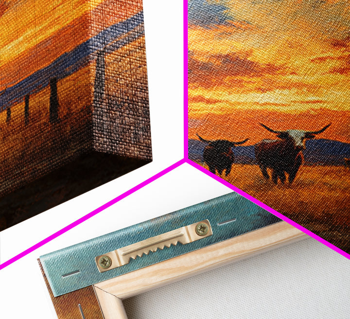 Longhorn Cattle At Sunset Western Landscape Wall Art, Rustic Ranch Canvas Print, Modern Cowboy Home Decor