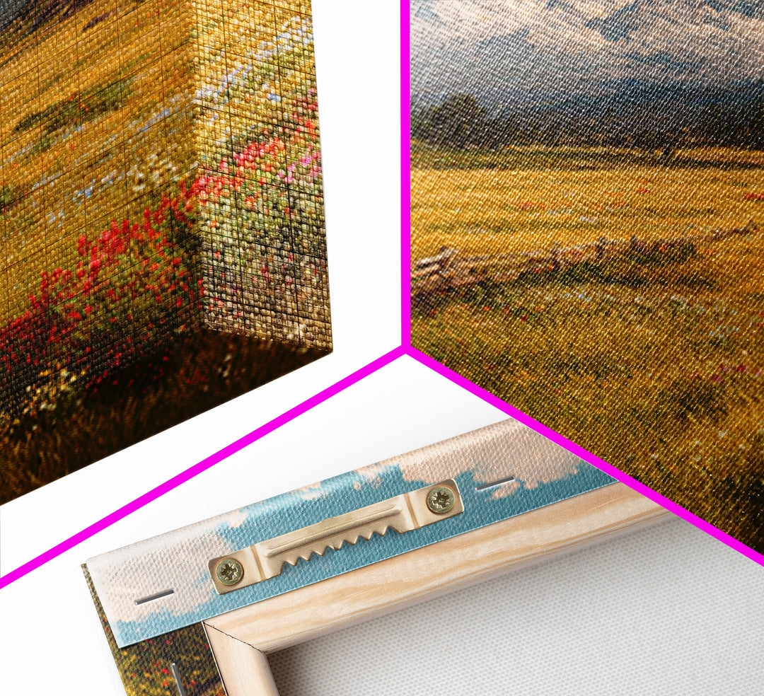 Sunny Alpine Meadow Landscape Wall Art, Wildflower Field Canvas Print, Country Farmhouse Decor, Mountain Nature Art