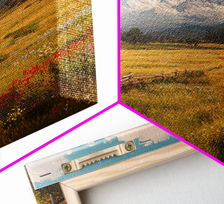 Sunny Alpine Meadow Landscape Wall Art, Wildflower Field Canvas Print, Country Farmhouse Decor, Mountain Nature Art