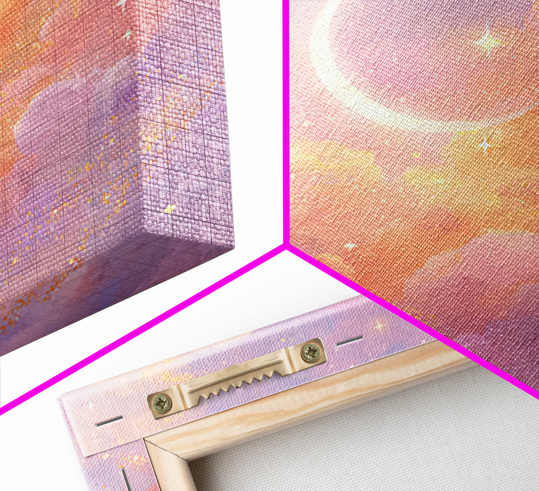 Glowing Crescent Moon Clouds Wall Art, Pastel Celestial Nursery Decor, Pink Bedroom Art, Dreamy Space Print, Girls Room Decor
