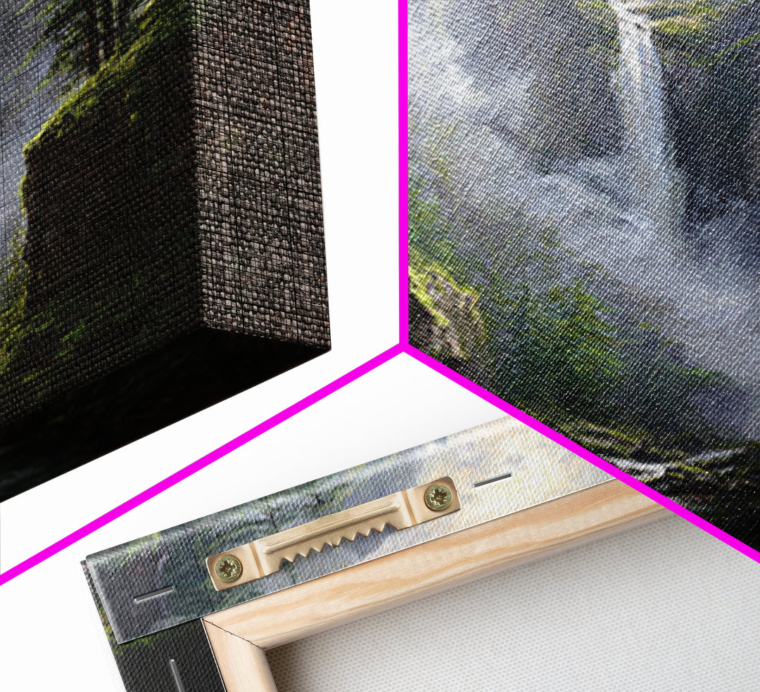 Majestic Mountain Waterfall Forest Landscape Wall Art, Serene Nature Canvas Print For Rustic Cabin Decor