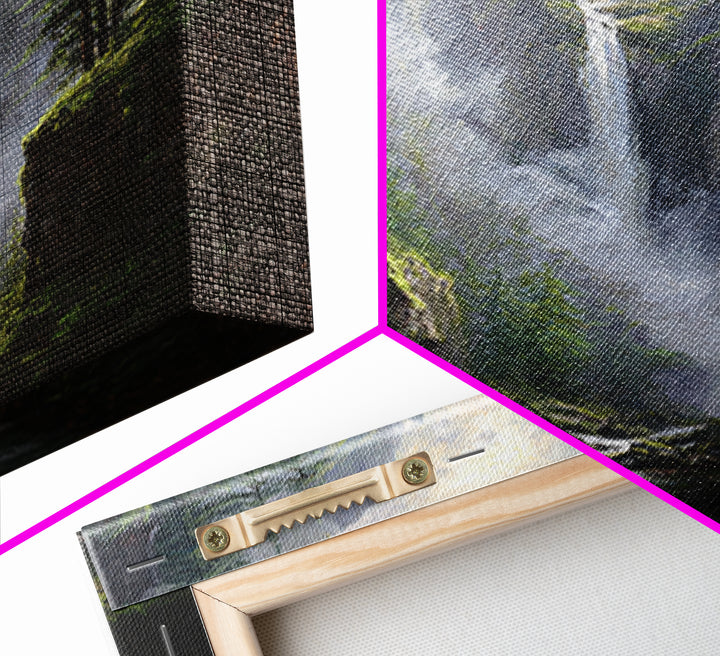 Majestic Mountain Waterfall Forest Landscape Wall Art, Serene Nature Canvas Print For Rustic Cabin Decor