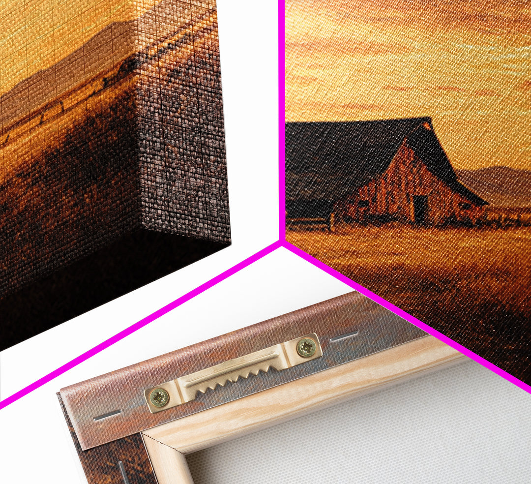 Rustic Barn At Sunset Landscape Wall Art, Country Farmhouse Painting, Warm Autumn Field Scene Large Framed Canvas Print