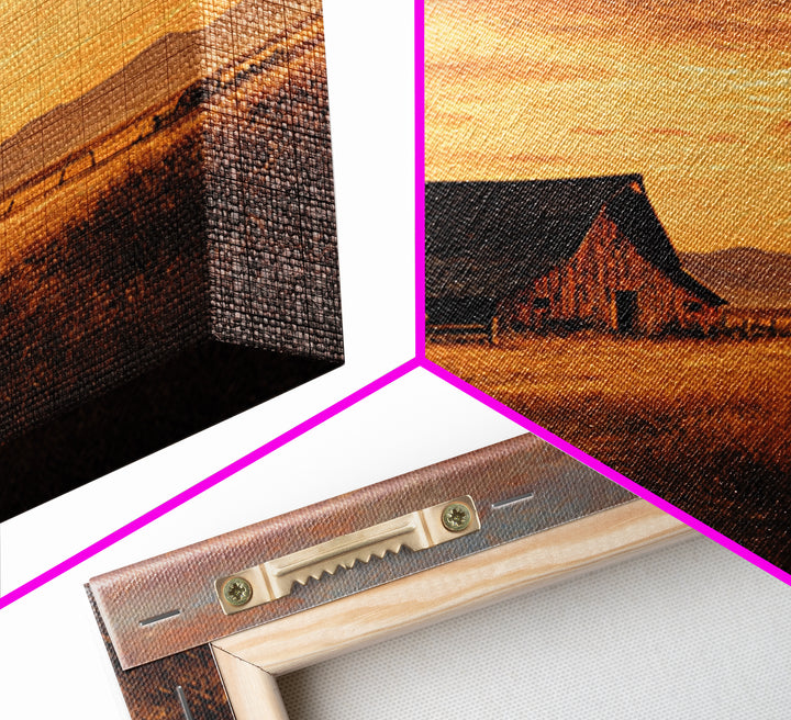 Rustic Barn At Sunset Landscape Wall Art, Country Farmhouse Painting, Warm Autumn Field Scene Large Framed Canvas Print