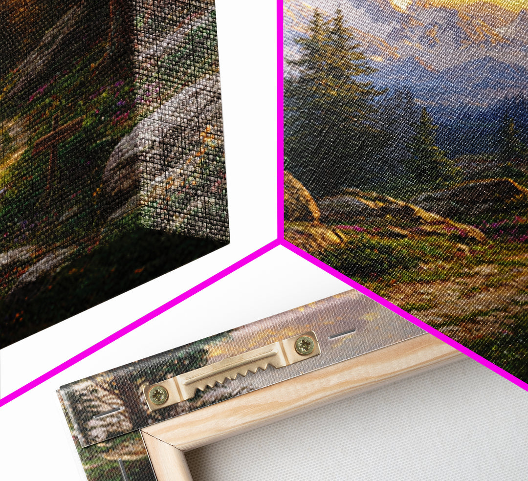 Mountain Forest Path At Sunset Wall Art, Tranquil Landscape Canvas Print For Rustic Cabin Or Living Room Home Decor