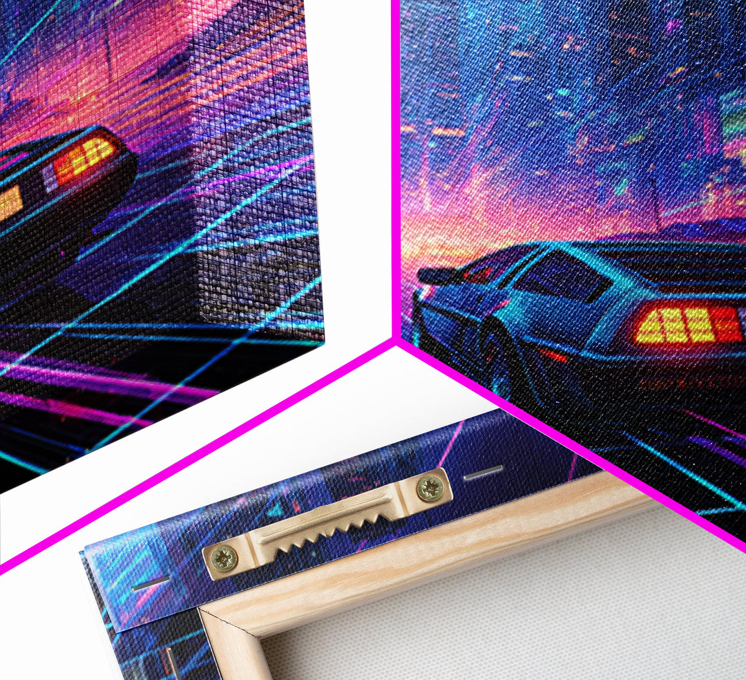 Retro Futuristic Car In Neon Cityscape Wall Art, Cyberpunk Sci Fi Canvas Print, Gaming Room Decor Modern Art