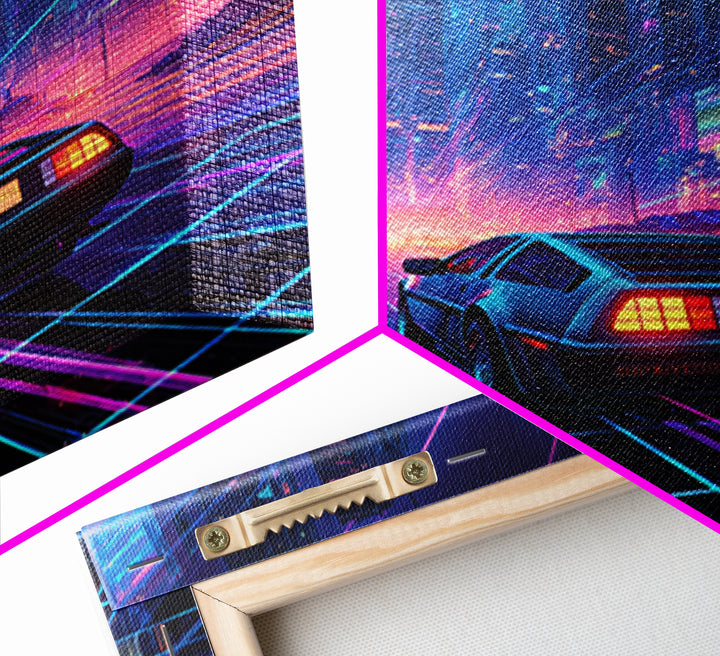 Retro Futuristic Car In Neon Cityscape Wall Art, Cyberpunk Sci Fi Canvas Print, Gaming Room Decor Modern Art
