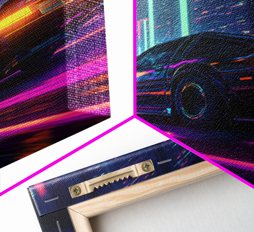 Neon Cyberpunk Sports Car Night Cityscape Wall Art Futuristic Sci Fi Urban Decor Gaming Room Canvas Print For Cool Office