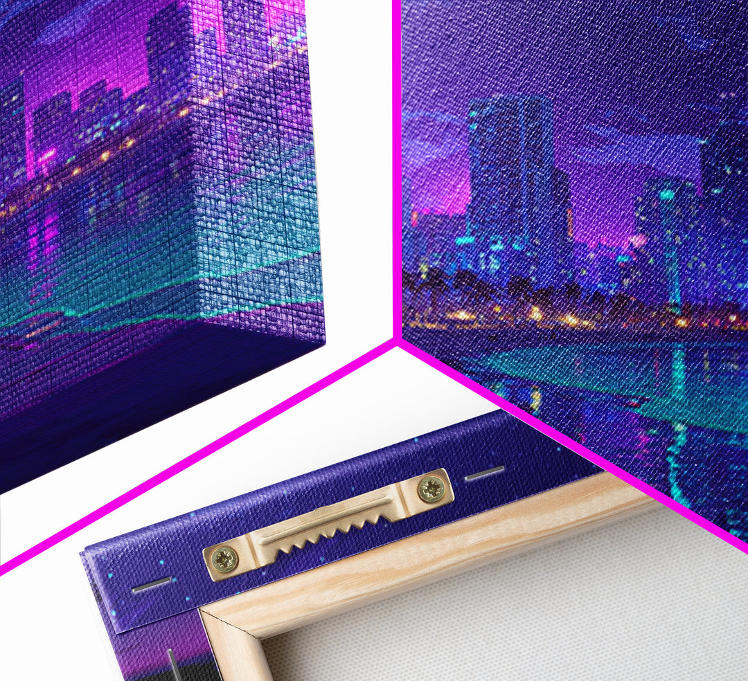 Neon Miami Night Cityscape Wall Art, Retro Futuristic Car On Beach, Cyberpunk Ocean Art, Gaming Room Decor Canvas Print
