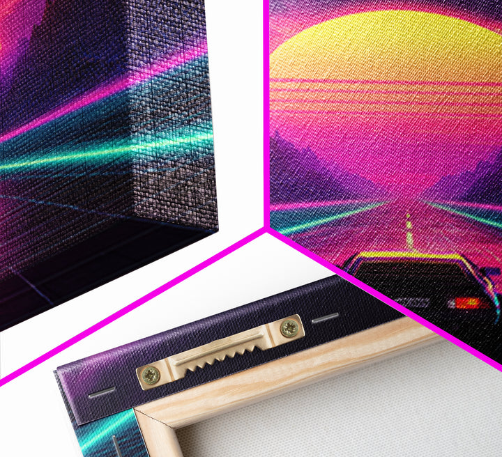 Retro Synthwave Sunset Highway Wall Art, Neon Car Landscape Canvas Print, Cyberpunk Futuristic Decor, Gaming Room Wall Art
